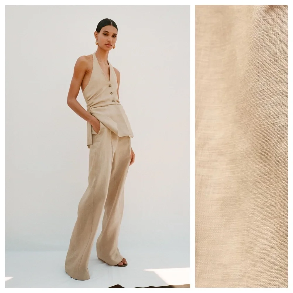 NWT. Zara Beige 100% Linen Sleeveless Halter Vest Jumpsuit. Size S.